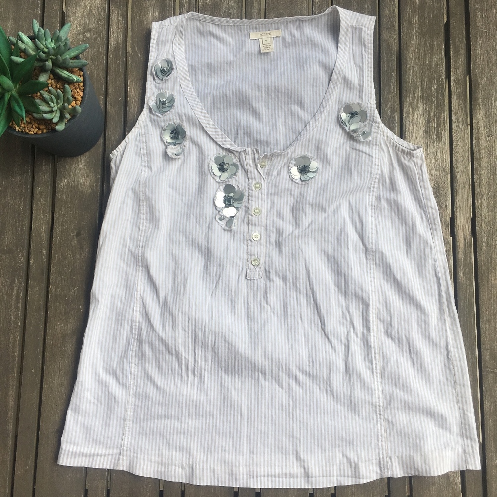 J Crew Top with Beige Stripes & Sequence - S0
